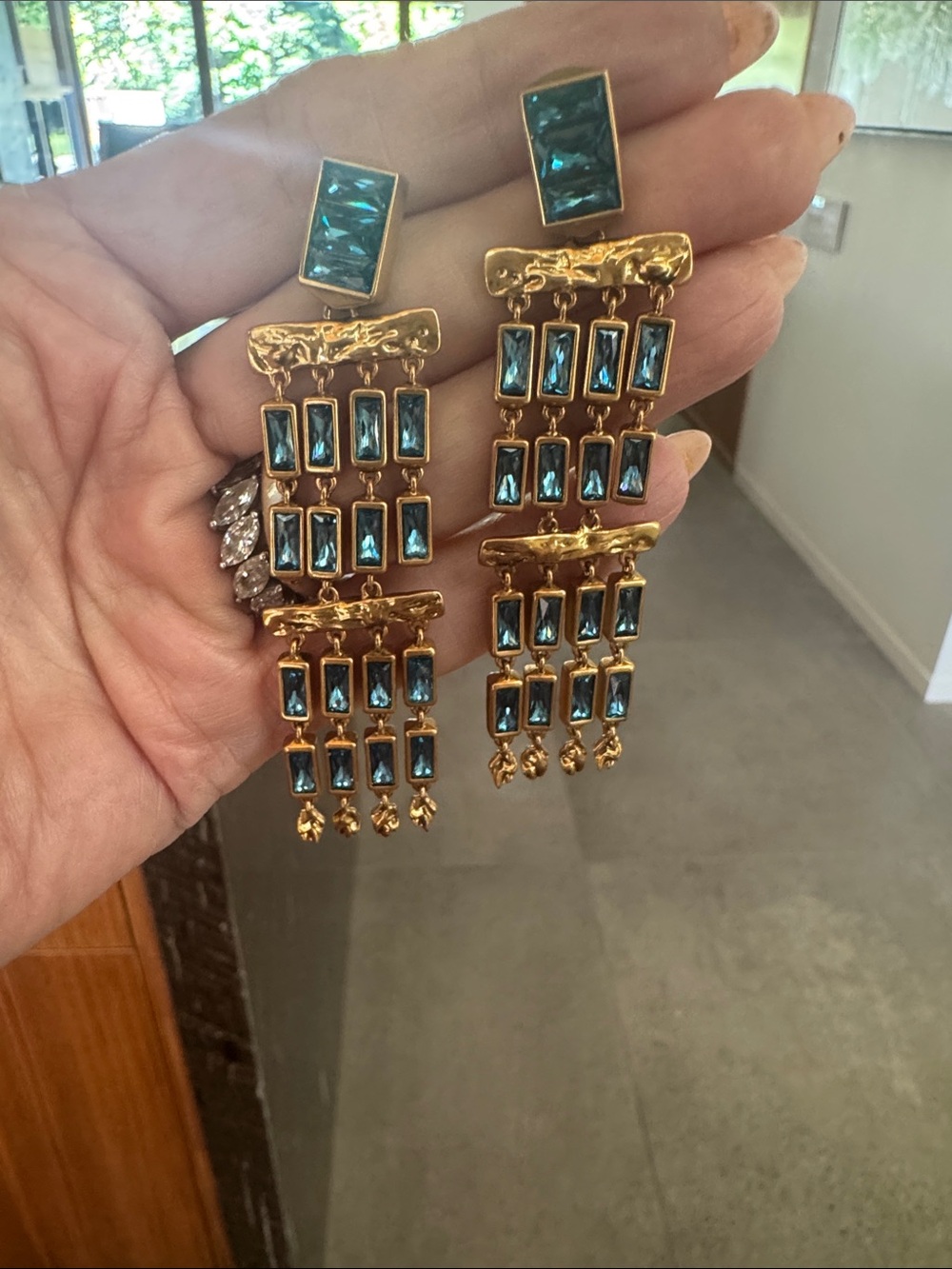 Kendra Scott Gold Chandelier Earrings with Teal Stones